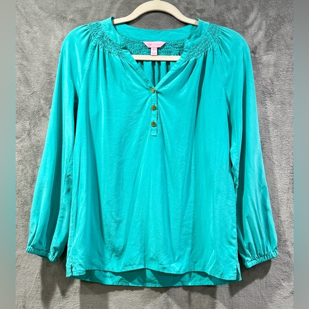 Lilly Pulitzer Elsa 100% Silk Blouse Top Size XS Tropical Turquoise Long Sleeve‎